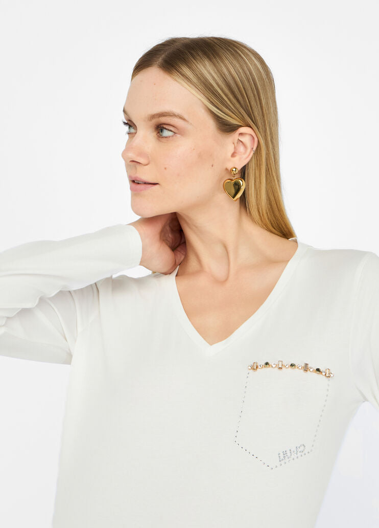 LIU JO T-Shirt maniche lunghe con finto taschino di castoni