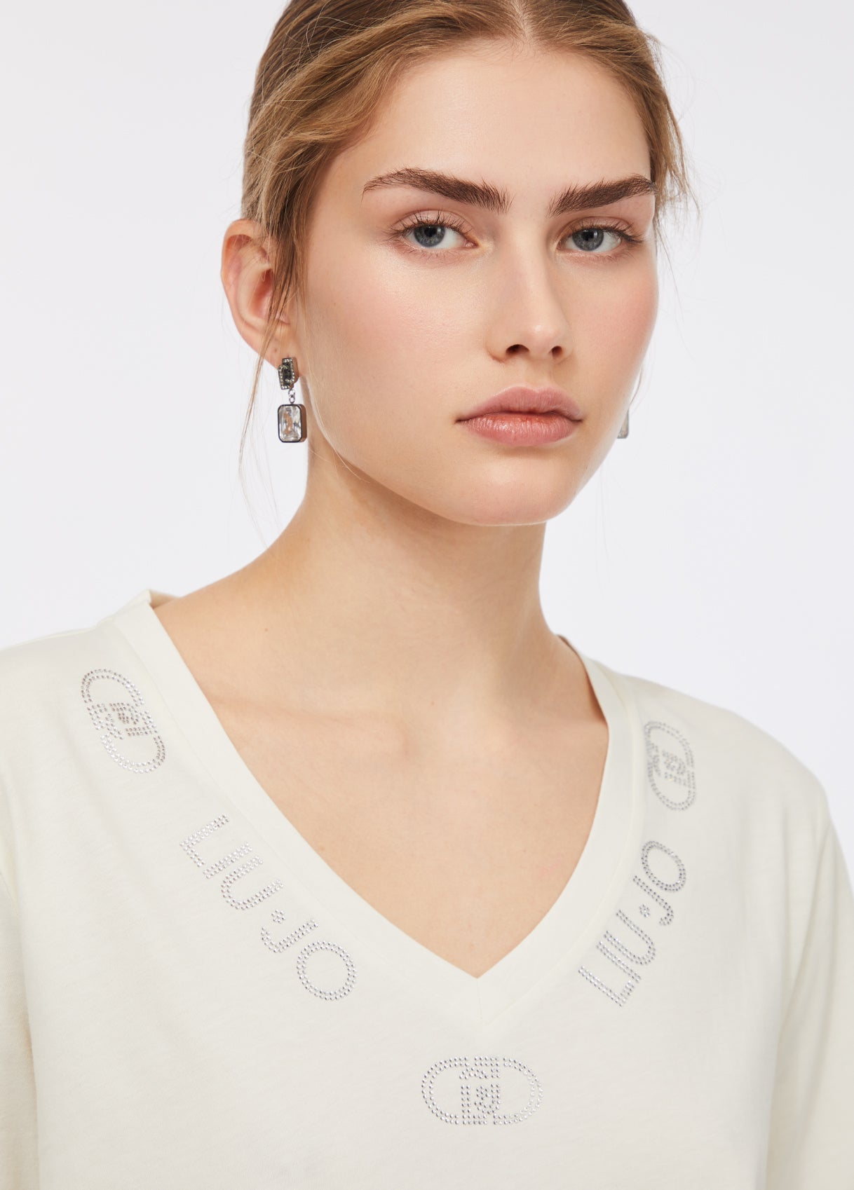 LIU JO T-Shirt maniche corte scollo V con loghi strass