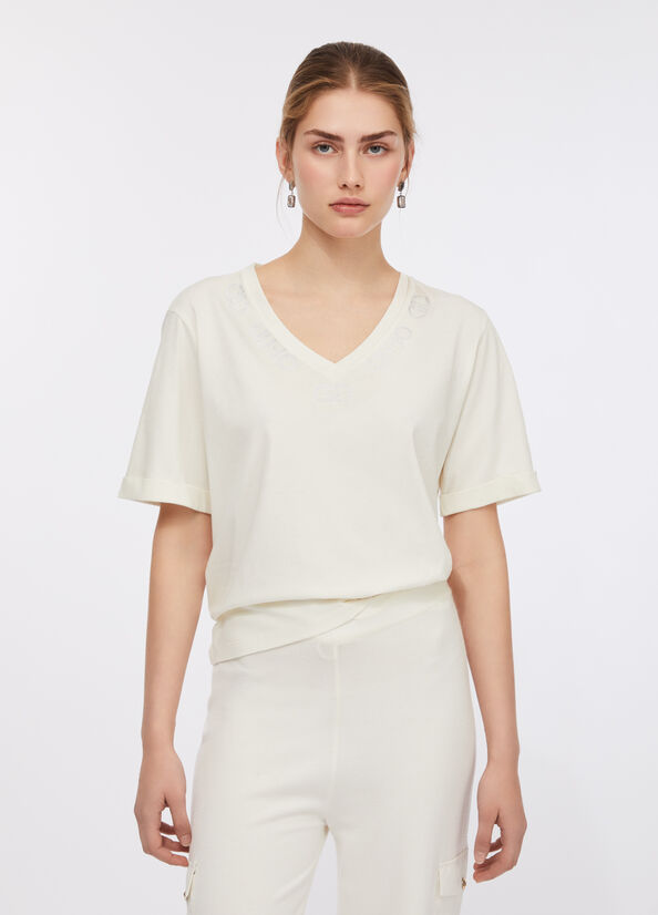 LIU JO T-Shirt maniche corte scollo V con loghi strass
