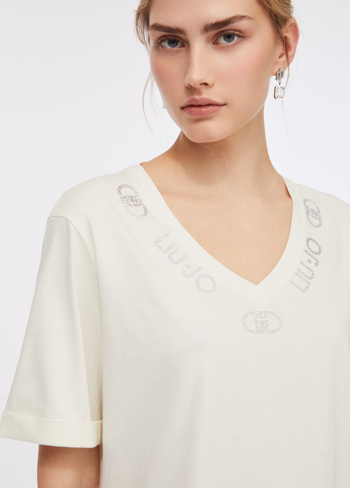 LIU JO T-Shirt maniche corte scollo V con loghi strass