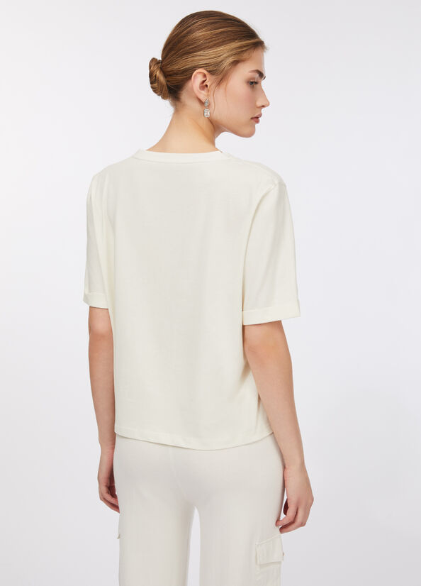 LIU JO T-Shirt maniche corte scollo V con loghi strass