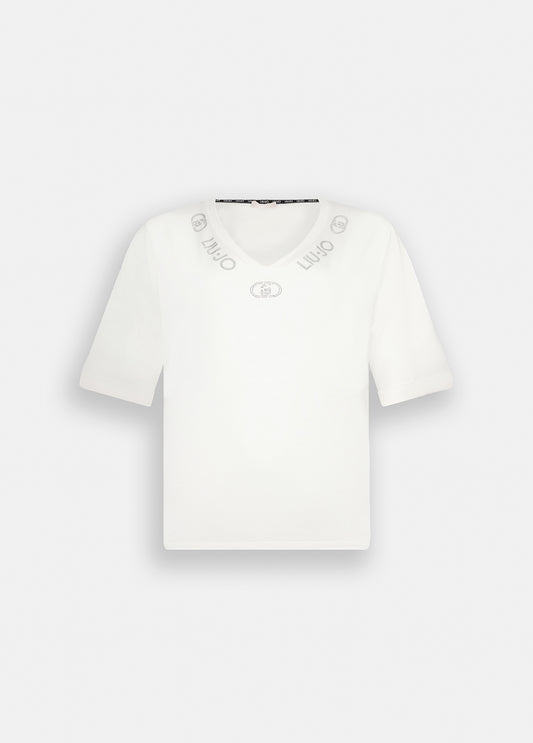 LIU JO T-Shirt maniche corte scollo V con loghi strass
