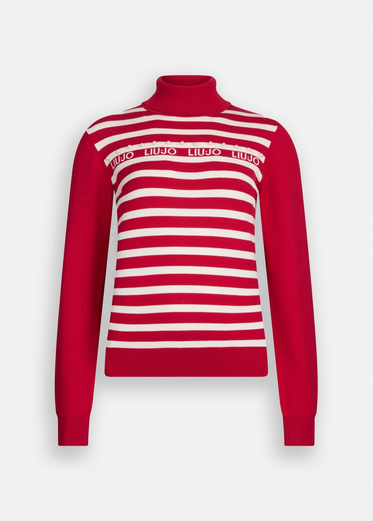 LIU JO Maglia dolcevita rigata con loghi e perle frontali ciliegia