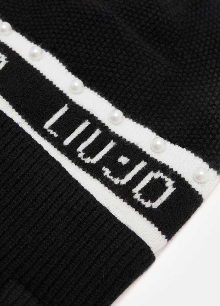 LIU JO Cappello in maglia con risvolto e logo in contrasto e perle