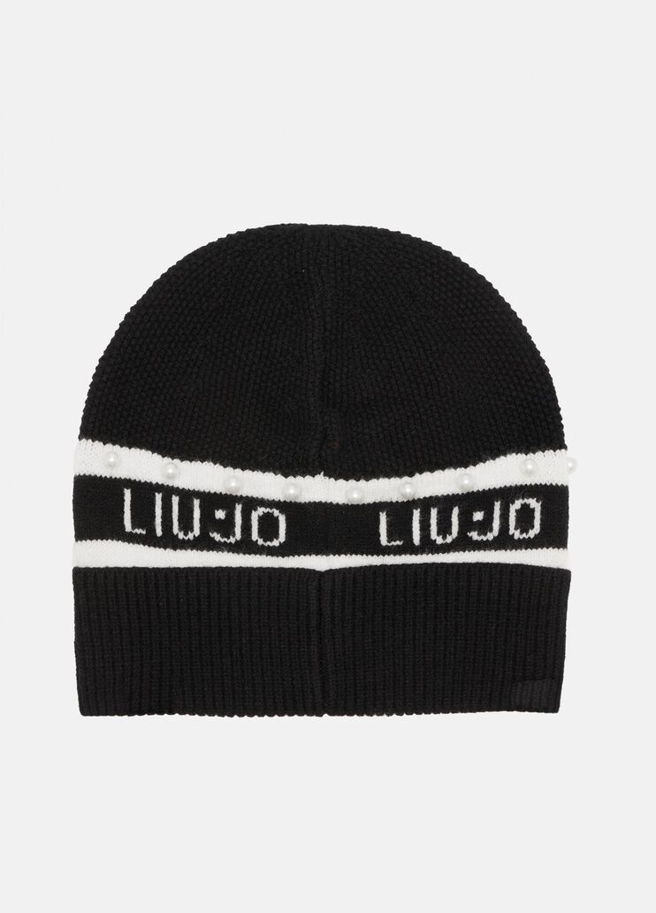 LIU JO Cappello in maglia con risvolto e logo in contrasto e perle