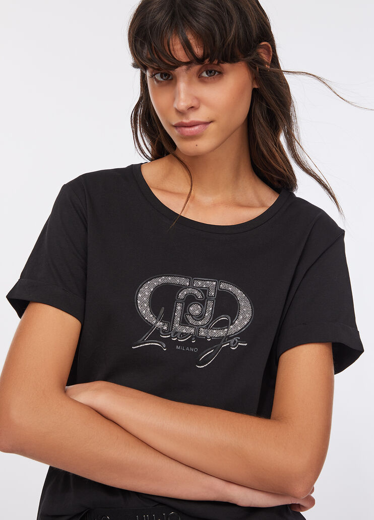 LIU JO T-Shirt girocollo con maniche corte e ricamo frontale