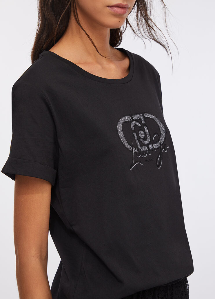 LIU JO T-Shirt girocollo con maniche corte e ricamo frontale