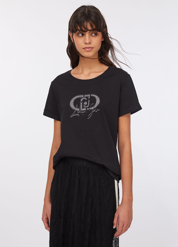 LIU JO T-Shirt girocollo con maniche corte e ricamo frontale