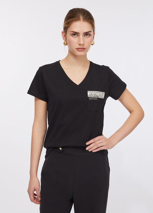 LIU JO T-Shirt maniche corte scollo a V con dettaglio sul petto