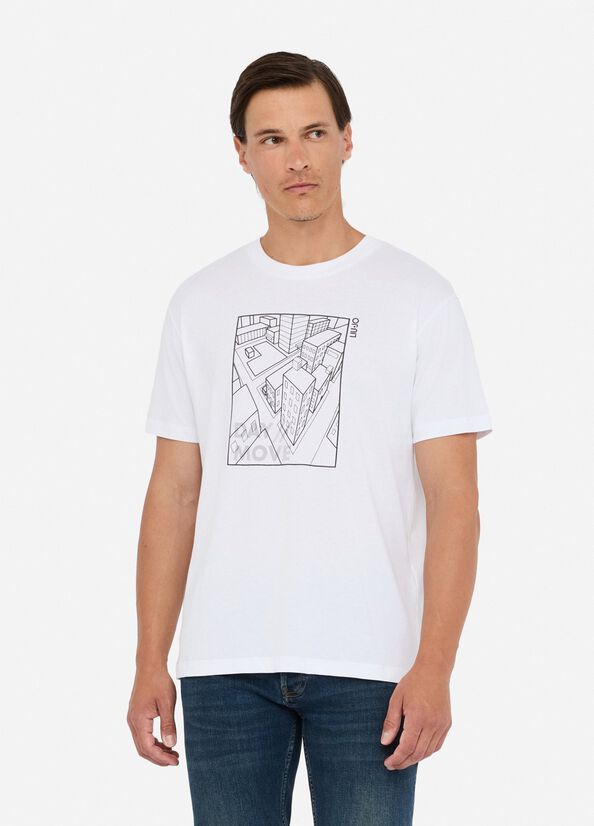 LIU JO T-Shirt girocollo maniche corte con stampa geometrica città frontale