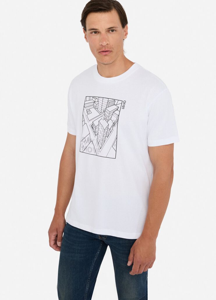 LIU JO T-Shirt girocollo maniche corte con stampa geometrica città frontale