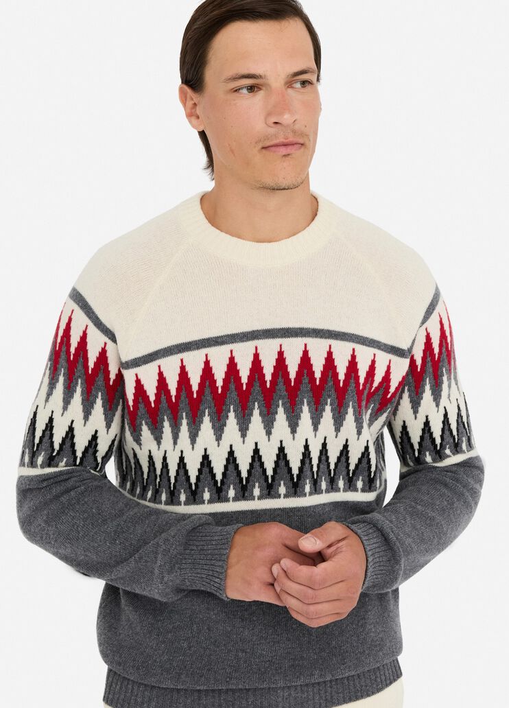 LIU JO Maglia girocollo in lana jacquard grigio panna e bordeau