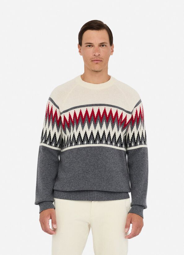 LIU JO Maglia girocollo in lana jacquard grigio panna e bordeau