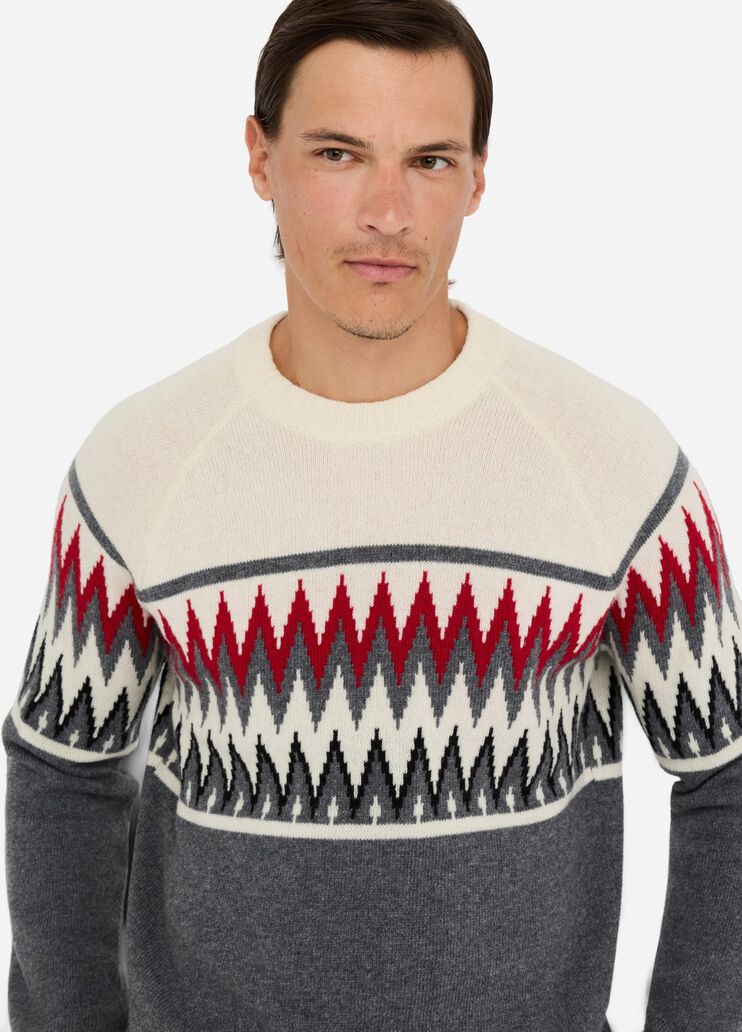 LIU JO Maglia girocollo in lana jacquard grigio panna e bordeau