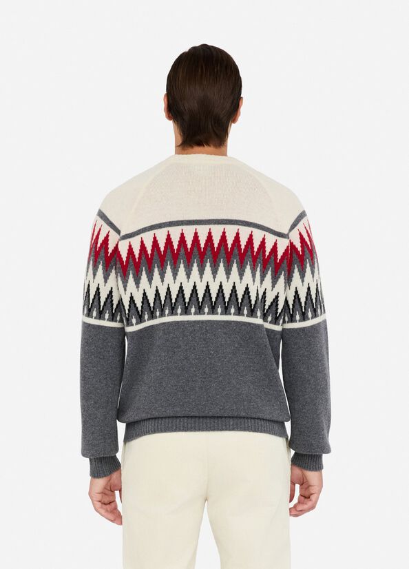 LIU JO Maglia girocollo in lana jacquard grigio panna e bordeau