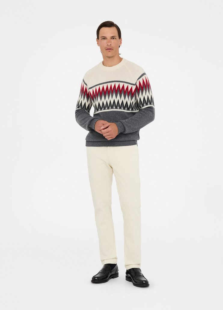 LIU JO Maglia girocollo in lana jacquard grigio panna e bordeau