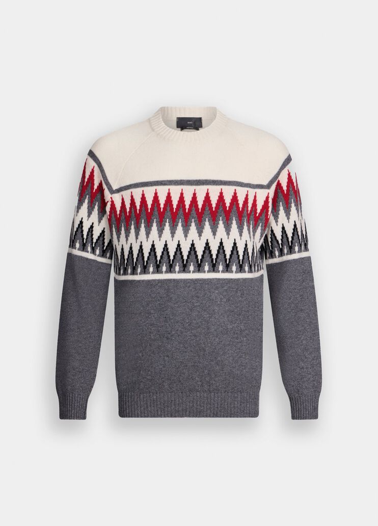 LIU JO Maglia girocollo in lana jacquard grigio panna e bordeau