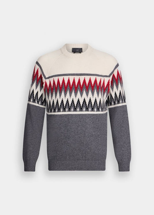 LIU JO Maglia girocollo in lana jacquard grigio panna e bordeau