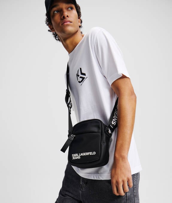 KARL LAGERFELD Borsa tracolla uomo nera con logo bianco in contrasto