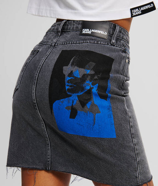 KARL LAGERFELD Gonna mini in denim grigio con stampa KARL sulla tasca posteriore nero e bluette