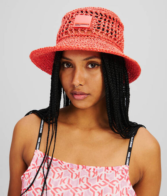 KARL LAGERFELD Cappello da pescatore in raffia intarsiato corallo
