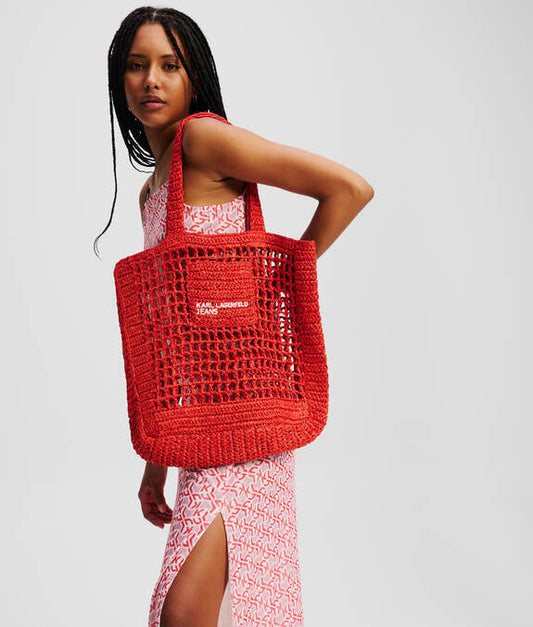 KARL LAGERFELD Borsa shopper in raffia intarsiata rossa con logo frontale