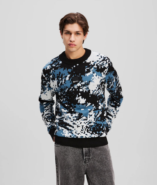 KARL LAGERFELD JEANS Maglia da uomo girocollo in fantasia camouflage blu bianco nero