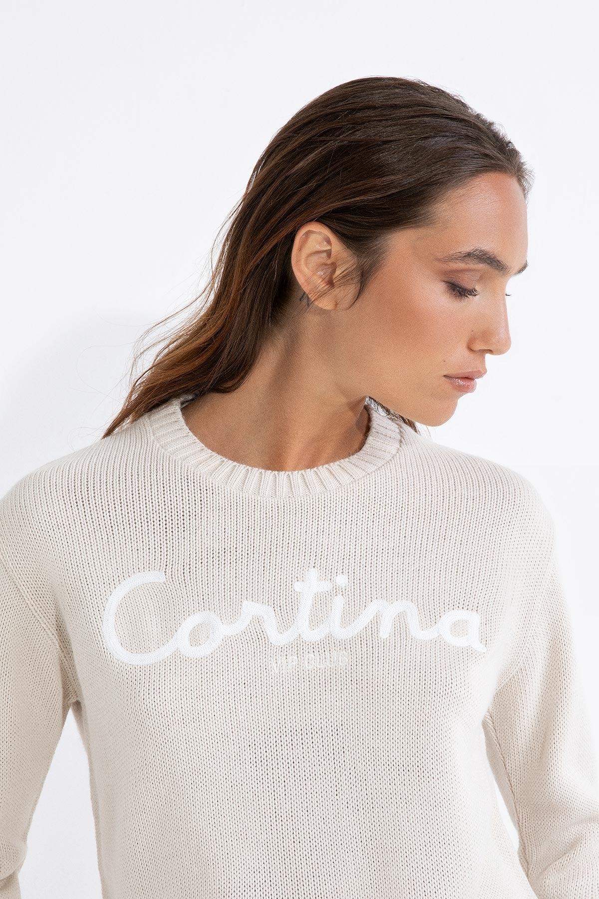 SUPERCULTURE Maglia girocollo crema con ricamo CORTINA SKI CLUB
