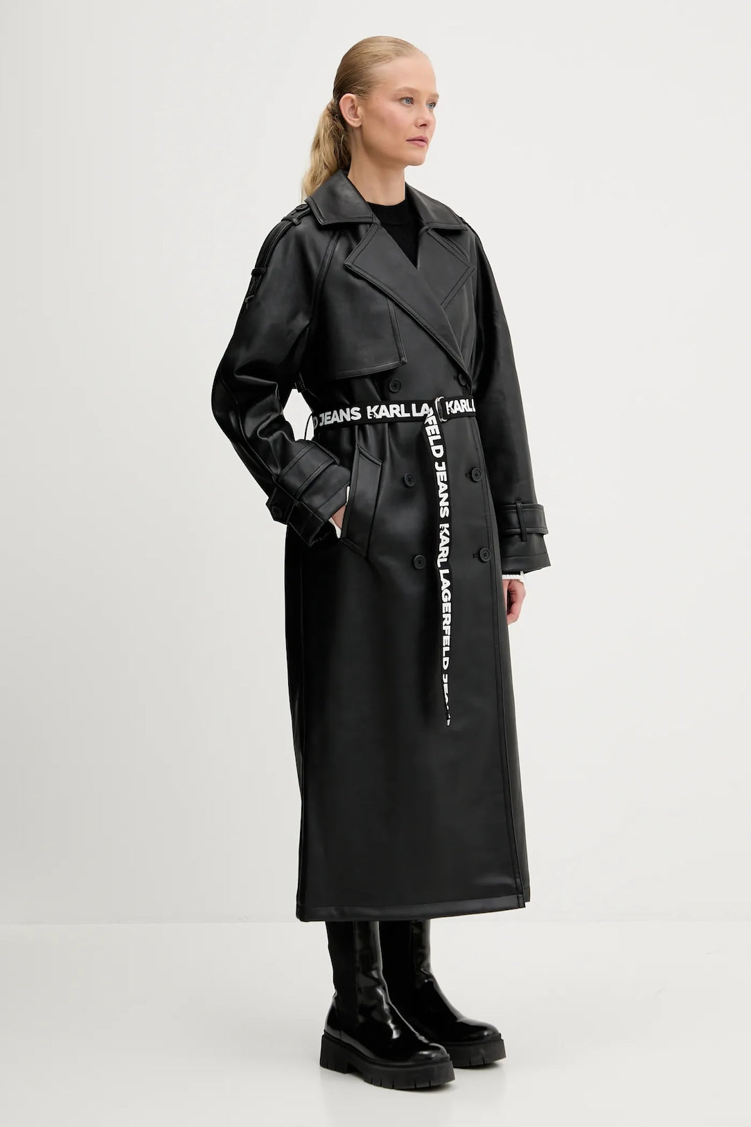 KARL LAGERFELD JEANS Trench doppiopetto in ecopelle con cinta a nastro logata in contrasto