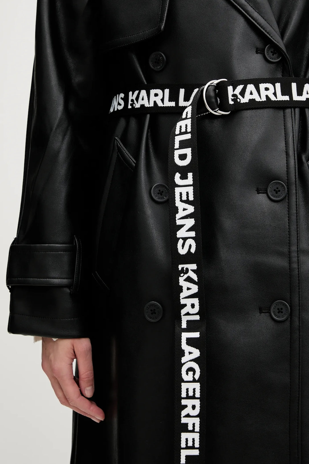 KARL LAGERFELD JEANS Trench doppiopetto in ecopelle con cinta a nastro logata in contrasto
