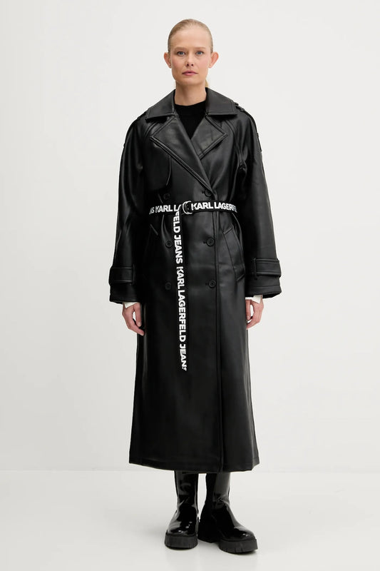 KARL LAGERFELD JEANS Trench doppiopetto in ecopelle con cinta a nastro logata in contrasto