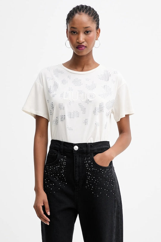 LIU JO T-Shirt donna girocollo maniche corte con applicazioni frontali
