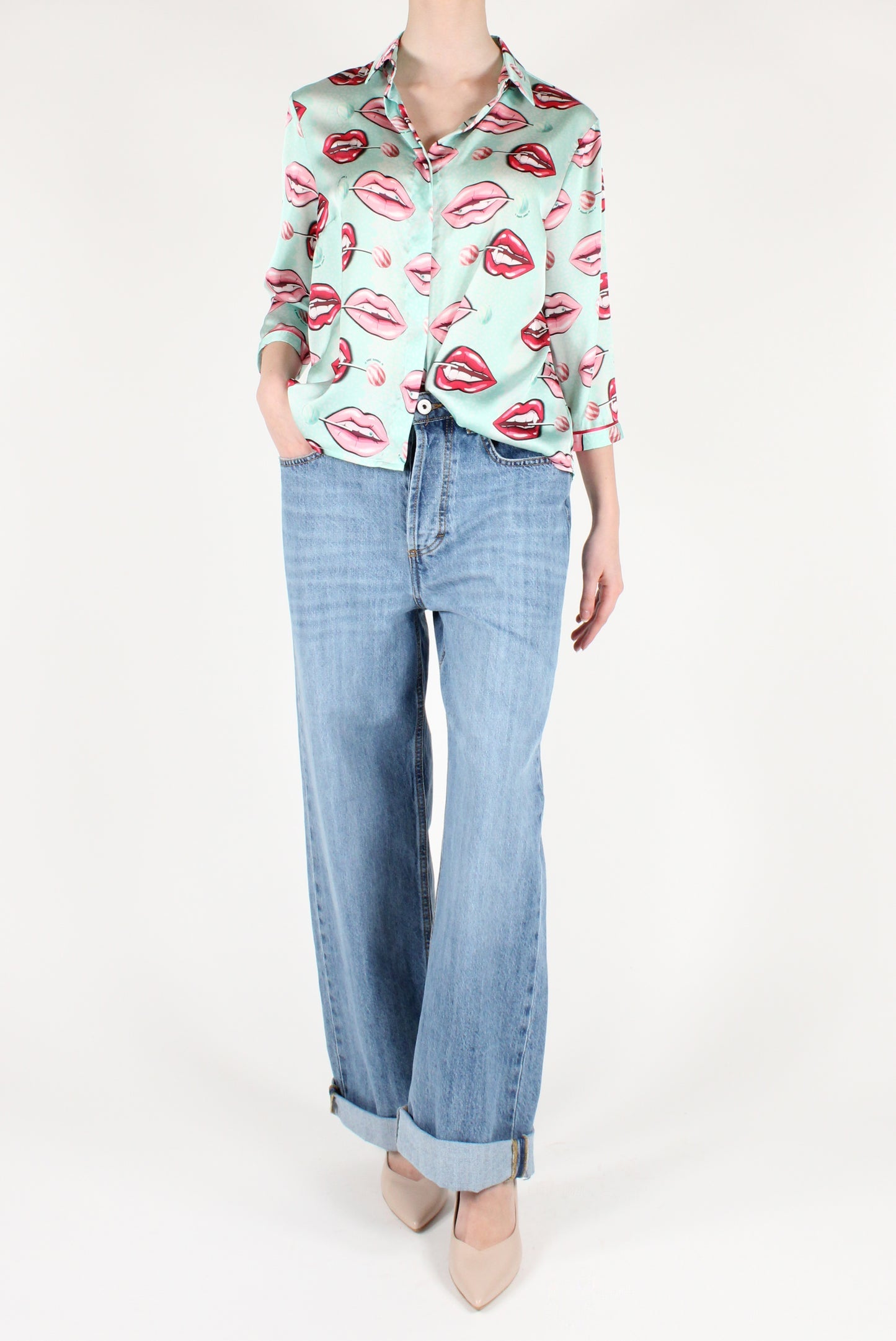 IL THE' DELLE 5 Camicia donna stampa bocche e lecca lecca tiffany maniche 3/4