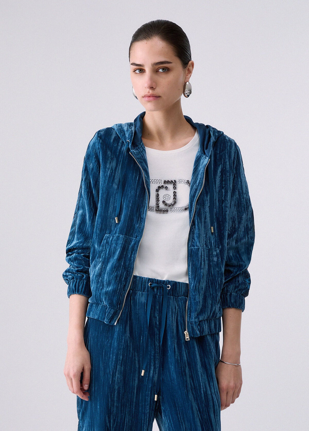 LIU JO Felpa in velluto crinkle ottanio con zip cappuccio e bande laterali