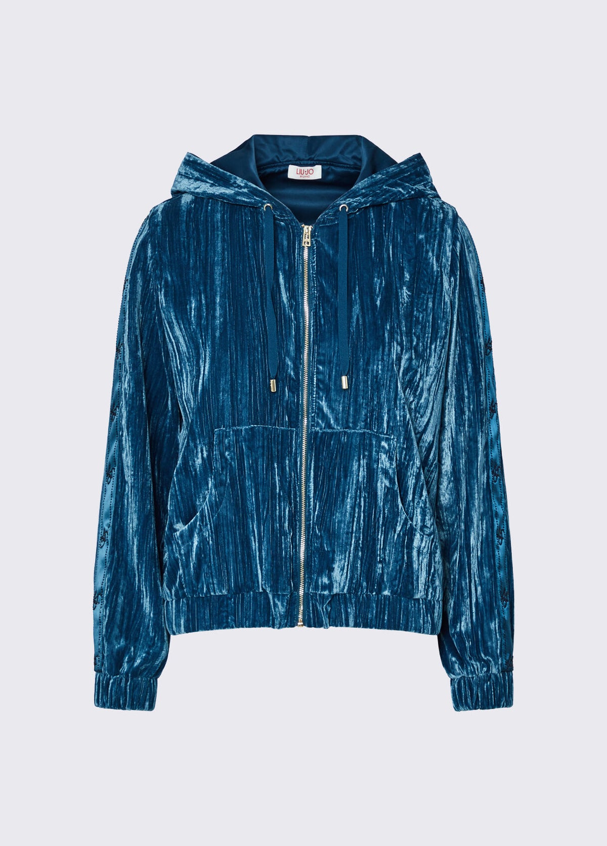 LIU JO Felpa in velluto crinkle ottanio con zip cappuccio e bande laterali