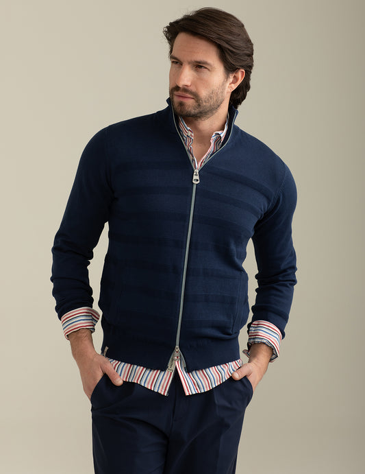 FRED MELLO Cardigan blu in filo di cotone leggero intarsiato con zip