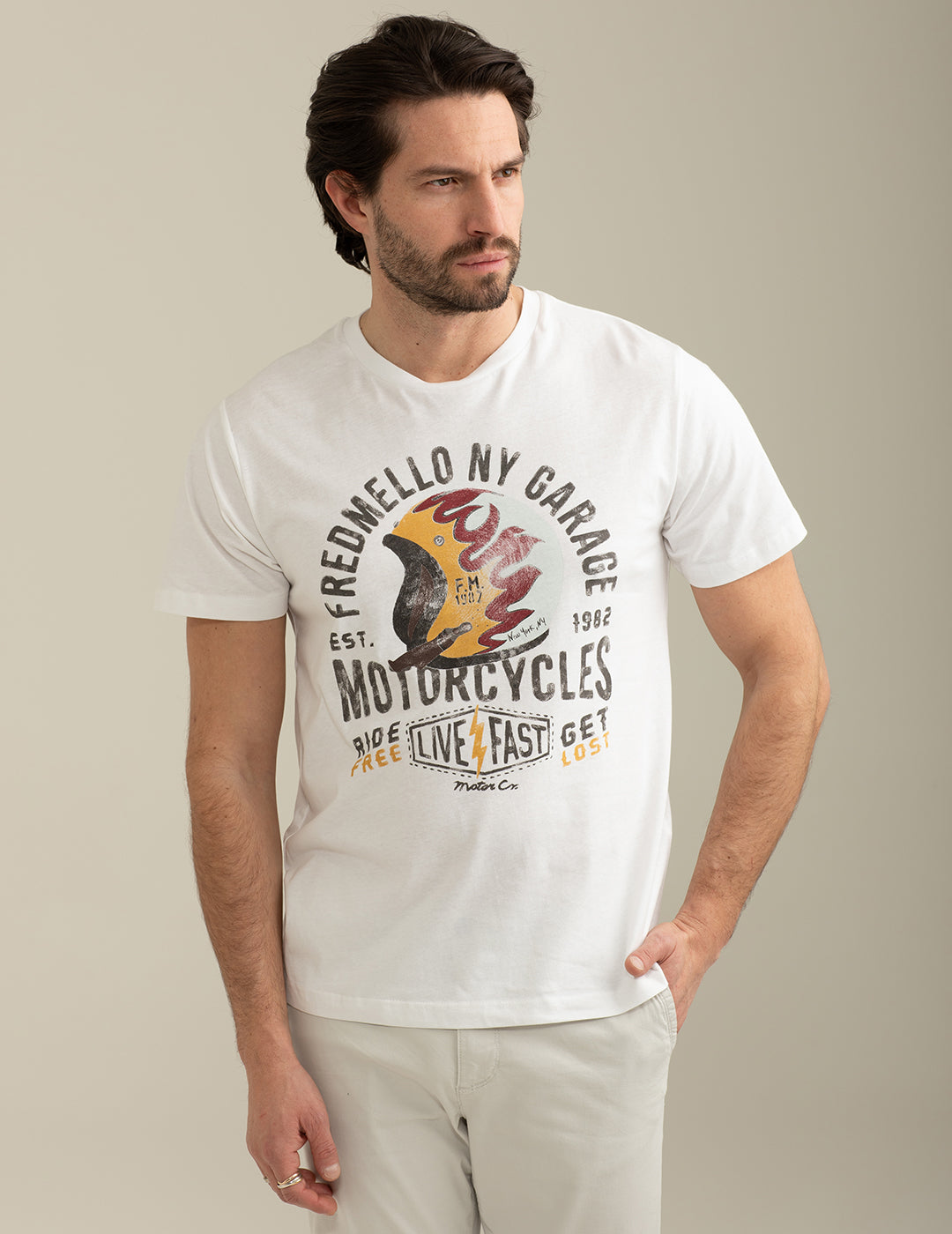 FRED MELLO T-shirt girocollo con stampa frontale motorcycle