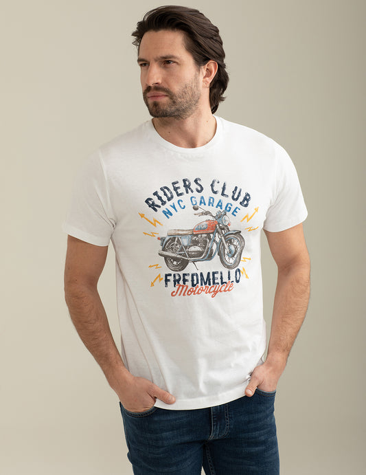 FRED MELLO T-shirt girocollo bianca con stampa frontale moto