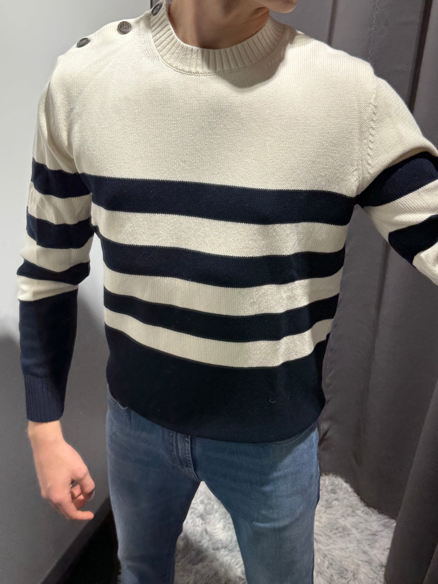 LIU JO Maglia in filo di cotone a fasce bianche e blu e bottoni sulla spalla