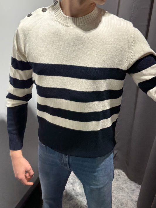 LIU JO Maglia in filo di cotone a fasce bianche e blu e bottoni sulla spalla