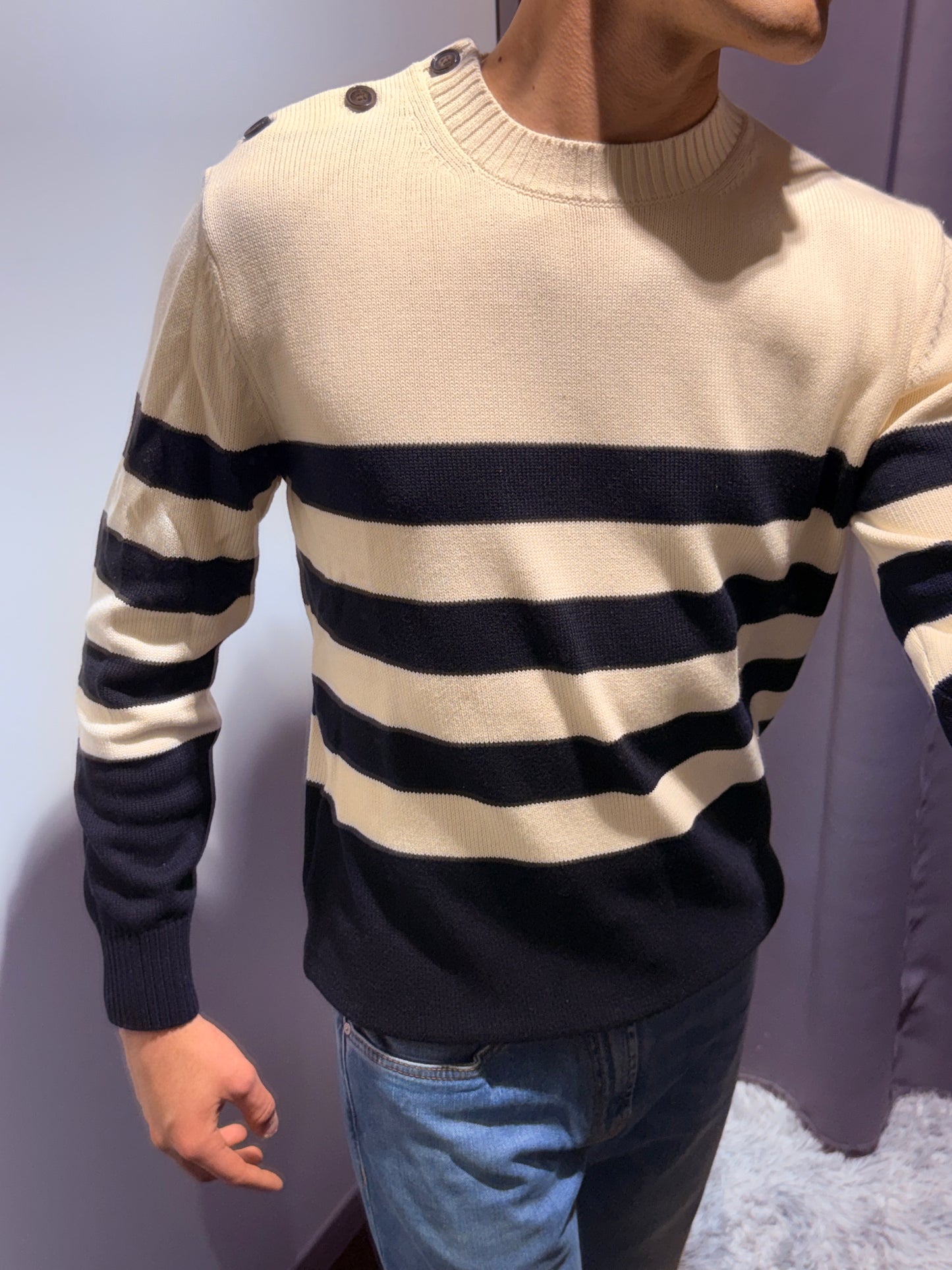 LIU JO Maglia in filo di cotone a fasce bianche e blu e bottoni sulla spalla