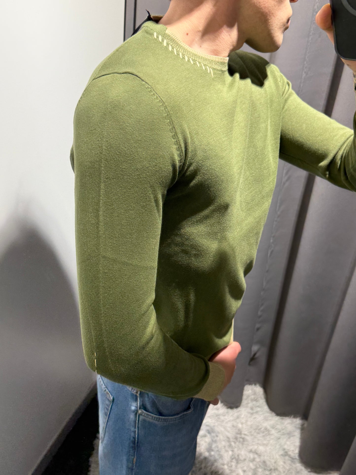 MARKUP Maglia girocollo uomo in cotone verde militare  con contrasti beige