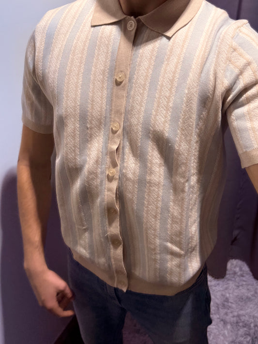 MARKUP Camicia maniche corte strutturata in filo di cotone beige e celeste