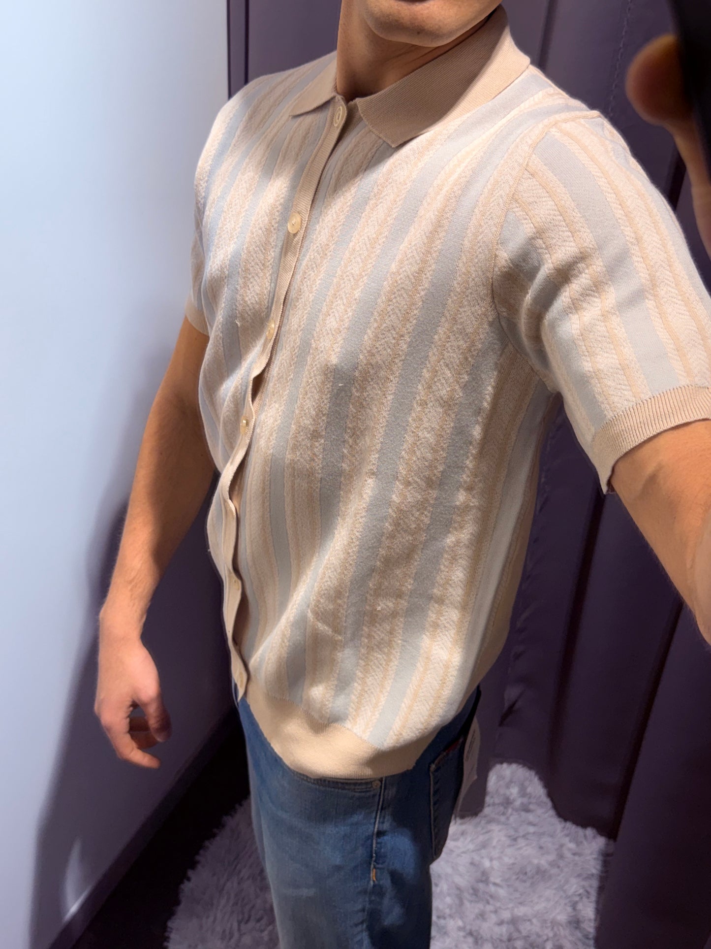 MARKUP Camicia maniche corte strutturata in filo di cotone beige e celeste