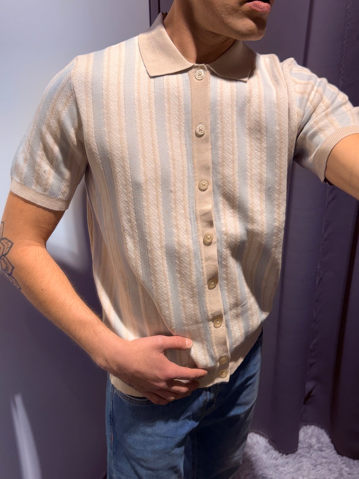 MARKUP Camicia maniche corte strutturata in filo di cotone beige e celeste