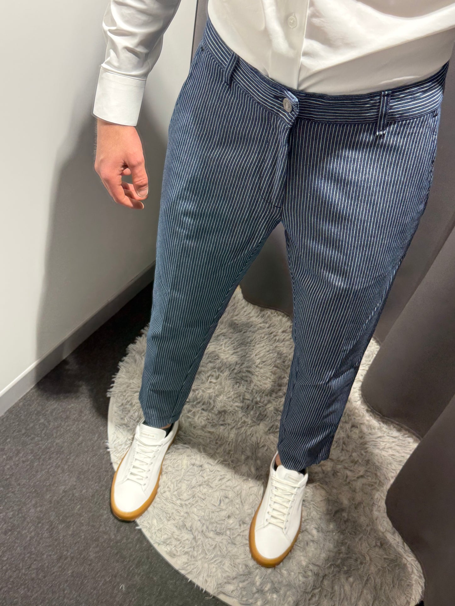 LIU JO Pantaloni uomo in cotone millerighe blu bianco gamba affusolata THOMAS