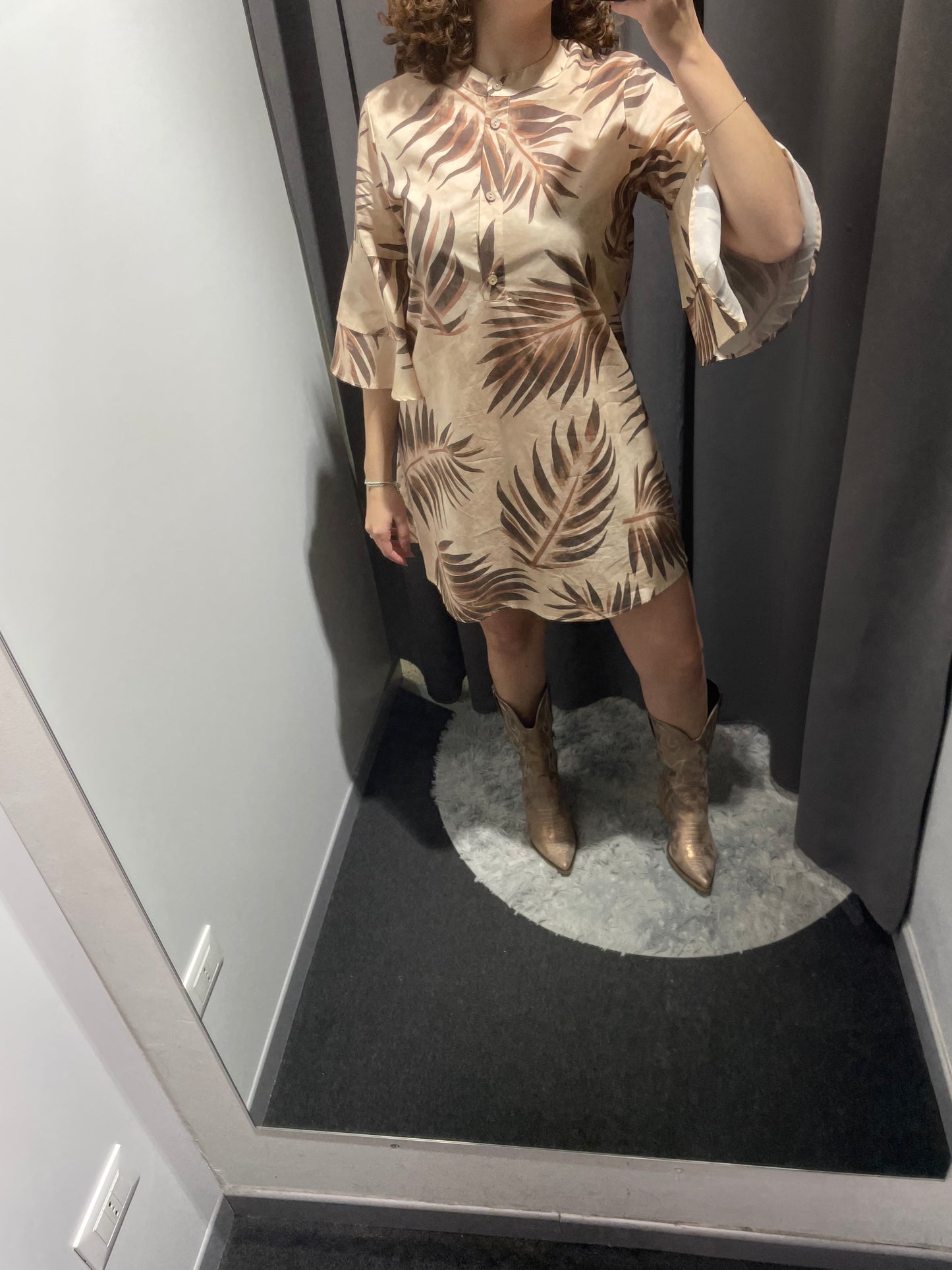 MARKUP Abito manica 3/4 in mussola di cotone stampa foliage beige