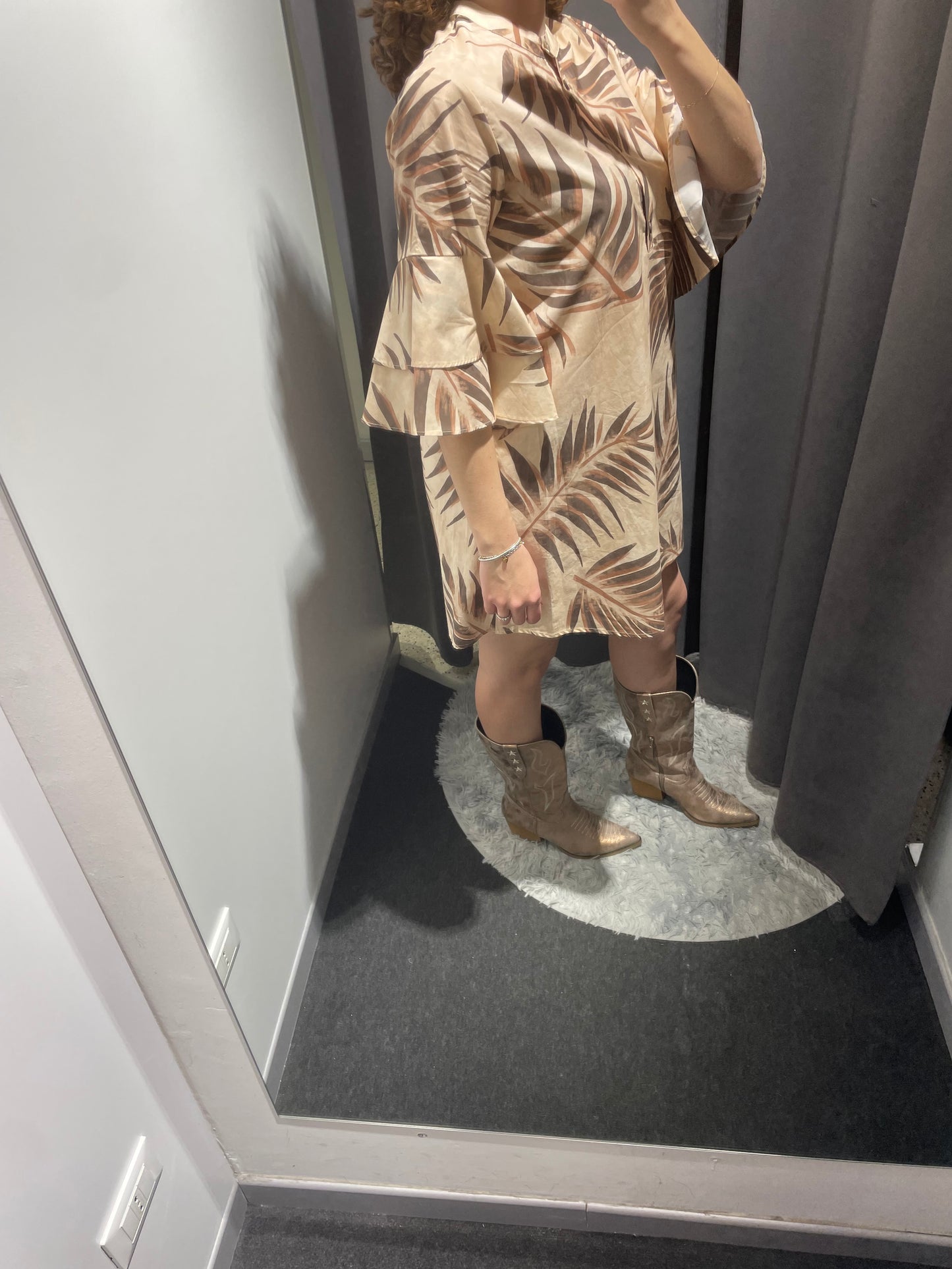 MARKUP Abito manica 3/4 in mussola di cotone stampa foliage beige