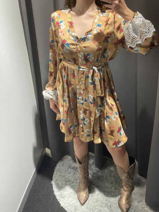 IL THE DELLE 5 Abito chemisier con stampa orsetti e inserti in macramè