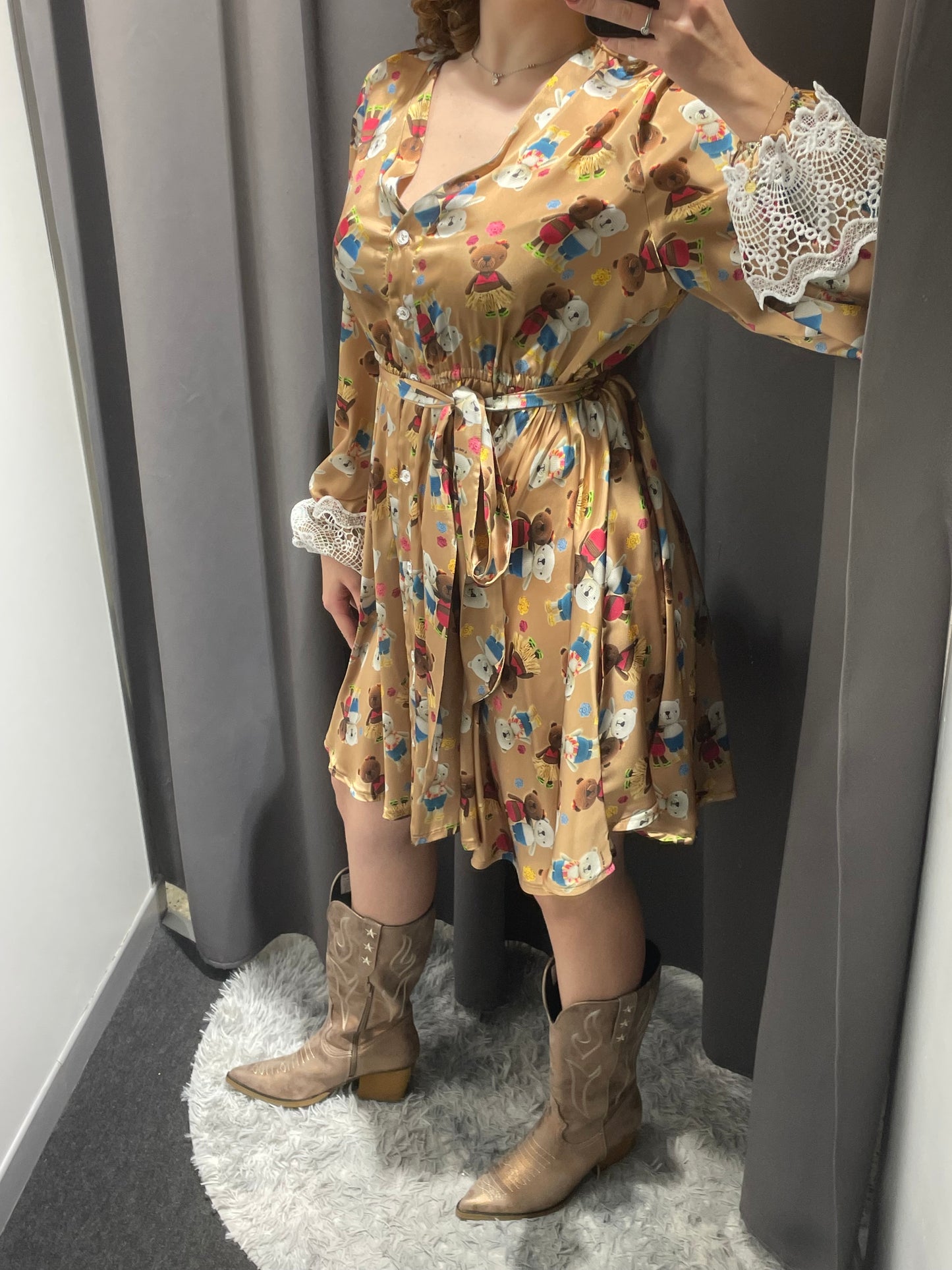 IL THE DELLE 5 Abito chemisier con stampa orsetti e inserti in macramè